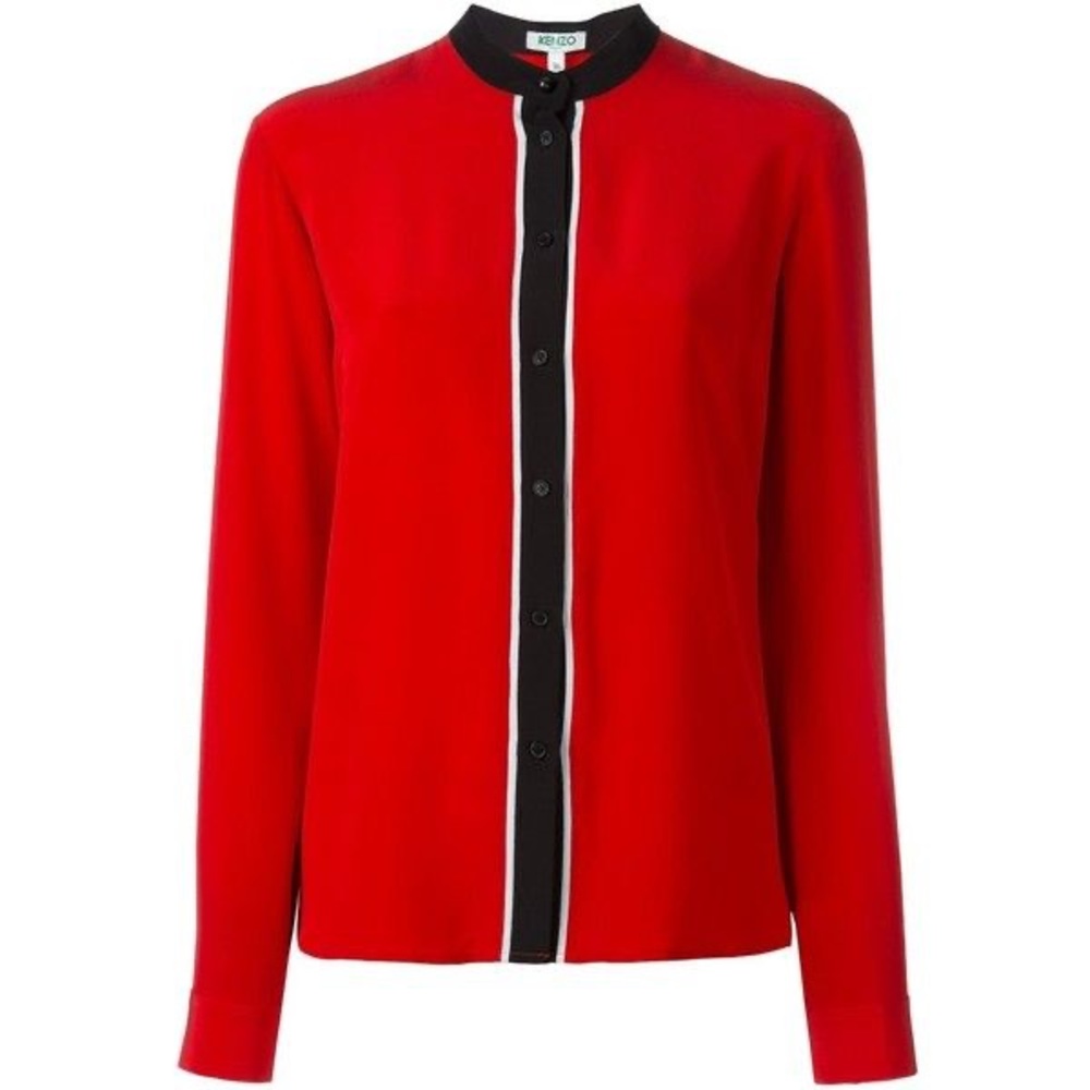 Kenzo Silk Band Collar Size 38 Red Black Shirt Top
